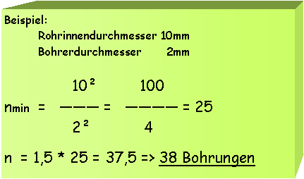 Textfeld: Beispiel:	Rohrinnendurchmesser 10mm	Bohrerdurchmesser       2mm		10		100	nmin  =    =    = 25		2		 4n  = 1,5 * 25 = 37,5 => 38 Bohrungen